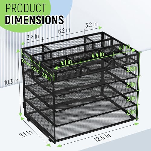Docnest 5 Tier Mesh Desk Organizer with Adjustable Compartments - Stackable Letter Tray with Built-in Pen Holder & Handles - Desktop File Storage for Office, Home, School Supplies - Black - color: Black