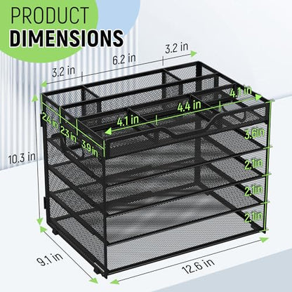 Docnest 5 Tier Mesh Desk Organizer with Adjustable Compartments - Stackable Letter Tray with Built-in Pen Holder & Handles - Desktop File Storage for Office, Home, School Supplies - Black - color: Black