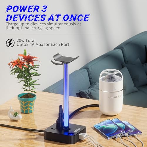 RGB Headphone Stand with USB Charger COZOO Desktop Gaming Headset Holder Hanger with 3 USB Charger and 2 Outlets - Great for Gaming, DJ, Wireless Earphone Display,Gamer PC Accessories Boyfriend Gifts - color: 2.Multi-LED lights