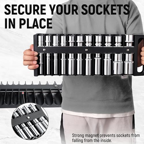 Reniteco Magnetic Socket Organizer Set, 3 Pcs Blue Portable Heavy Duty Socket Rail Set: 1/4-Inch x 22 Pallets, 3/8-Inch x 28 Pallets, 1/2-Inch x 26 Pallets, Hold 76 Sockets - Fit Shallow&Deep Sockets - color: Black