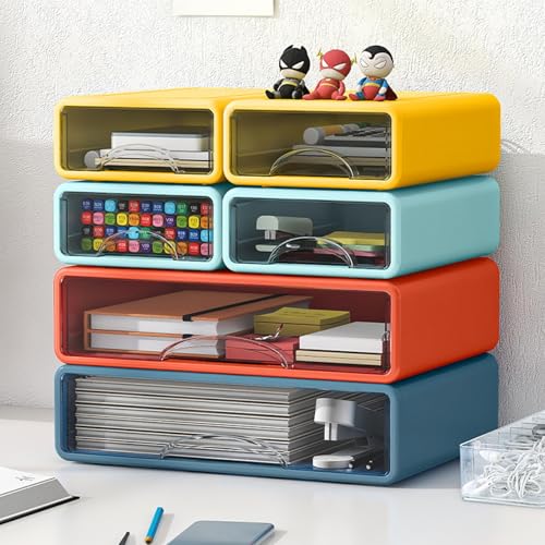 Desk Organizer with Drawers, Stackable Storage Drawers with Compartments Desktop Organization for Office Supplies, Makeup, Pencils, Tape, Erasers, Paperclips, Chargers (2S2M) - color: Light blue+Yellow+Deep Blue+Orange