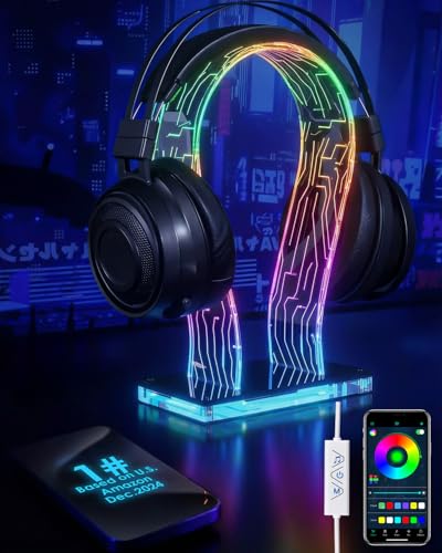 OAPRIRE Acrylic RGB Headphone Stand | Customizable 213 Lighting Modes & 60,000 Colors, Lights Sync with Music Beat, Headset Stand with 4.8ft USB Power Cable & Sturdy Build