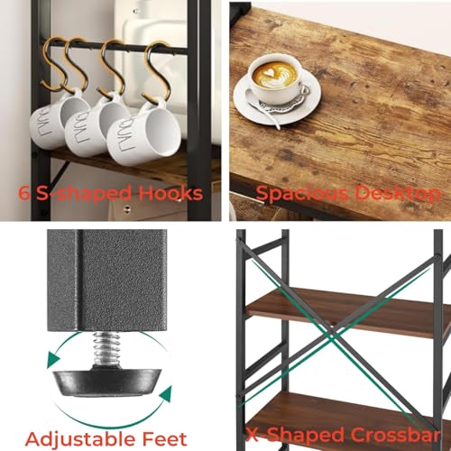 Luckyeestar Kitchen Baker’sRack Coffee Bar - Metal Storage Shelf for Microwave, Spice Organizer, Freestanding Kitchen Cart with Hooks,25 inch with Power Outlet - size: 5-Tier 25 inches