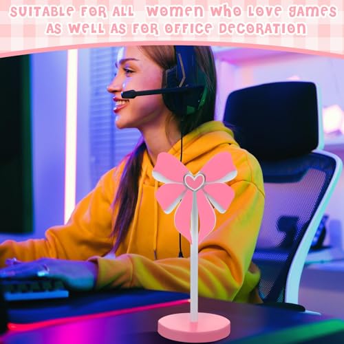 Kingdder Pink Bow Headphone Stand Cute Wood Headphone Stand Adorable Headset Holder Accessories Gamer Gifts for Teenage Women Teacher Girlfriend Office Worker Wife Gamer Room Decor Office Desk - style: Pink Bow