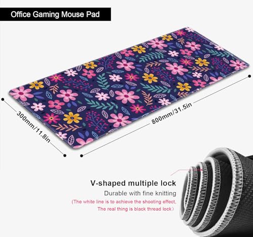 Purple Pink Flowers Desk Mat, Daisy Floral Extended Large Gaming Mouse Pad, Non Slip Rubber Base Stitched Edge Desktop Desk Pad for Computer, Christmas and Thanksgiving Gifts, 31.5 x 11.8 in - color: Pink Flowers on Blue