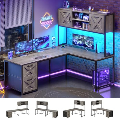 SEDETA L Shaped Gaming Desk, Reversible 86.6" Computer Desk with Fabric Drawers and Power Outlet, Gaming Desk with Led Lights, Hutch and Storage for Home Office, Light Gray - color: Light Gray