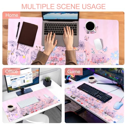 Petmolico Mouse Pad Set with Computer Keyboard Desk Pad,Mouse Pad with Wrist Rest,Typing Wrist Pad and Cup Coasters,Ergonomic Design for Typing Pain Relief【Pink,Wild Flowers】 - color: Pink