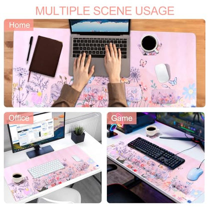 Petmolico Mouse Pad Set with Computer Keyboard Desk Pad,Mouse Pad with Wrist Rest,Typing Wrist Pad and Cup Coasters,Ergonomic Design for Typing Pain Relief【Pink,Wild Flowers】 - color: Pink