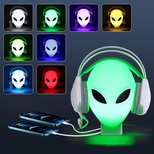 RGB Headphone Stand with Music Rhythm Light, 8-Color LED Gaming Headset Holder with USB & Type-C Charging Ports, Voice-Activated Light for PC Desk Setup, Gamer Gifts for Men & Boys