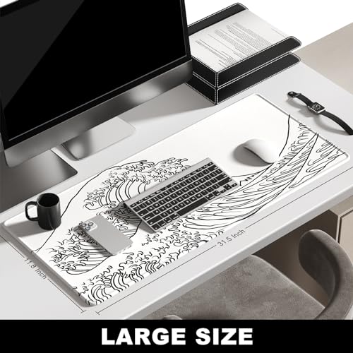 BOSOBO Large Mouse Pad, Desk Pad, XXL XL Extended Gaming Mouse Pad, Desk Mat for Office & Home, Long Keyboard Huge Mat,Desktop Full Cover 31.5 x 11.8 Inches, Art Kanagawa Surfing White - color: Art Kanagawa Surfing, size: XL - 31.5 x 11.8 Inches