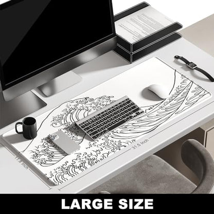 BOSOBO Large Mouse Pad, Desk Pad, XXL XL Extended Gaming Mouse Pad, Desk Mat for Office & Home, Long Keyboard Huge Mat,Desktop Full Cover 31.5 x 11.8 Inches, Art Kanagawa Surfing White - color: Art Kanagawa Surfing, size: XL - 31.5 x 11.8 Inches