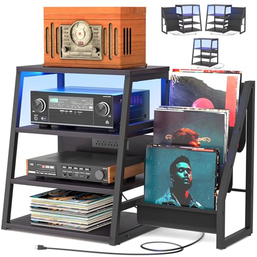 AV Media Stand with Outlets, Stereo Stands and Racks with Vinyl Storage, Stereo Stand with Record Storage, Audio Stereo Rack Cabinet, Turntable Console Stand with LED lights, 4 Tiers, Black Ebony