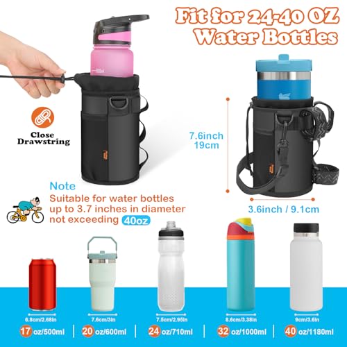 Bike Water Bottle Holder 32oz - 40oz Bike Cup Holder Multi-Holes Installing Insulated Water Bottle Holder for Bike with Removable Non-Slip Hook&Loop Fasteners and Shoulder Strap (Black) - color: Oxford Cloth, Black