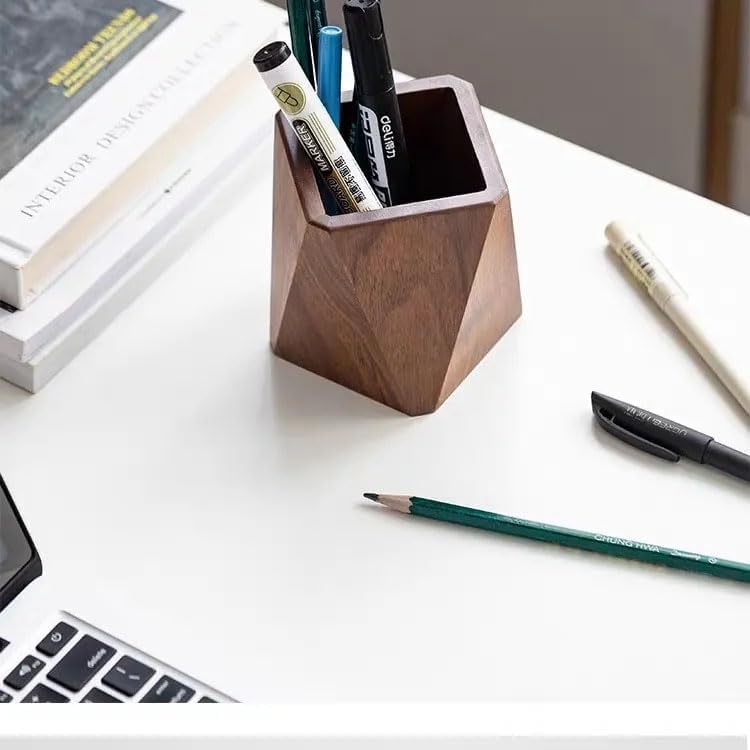 Wooden Pen Holder for Desk, Multi-Functional Pen Cup Pencil Holder for Office School Supplies Storage, Black Walnut Desk Organizer and Accessories（Prismatic） - style: Prismatic