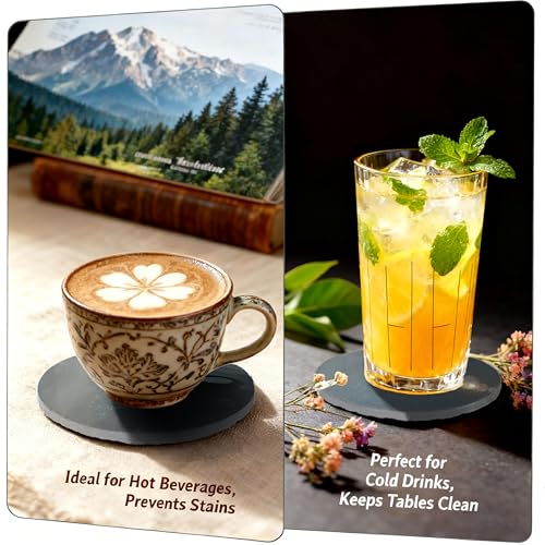 Slate Coasters Set of 4 with Holder - Black Round Stone Drink Coasters for Coffee Table, Anti-Scratch Coasters to Protect Wood/Glass Surfaces, Boho Home Mat Decor for Kitchen BarOffice (4 Pack)