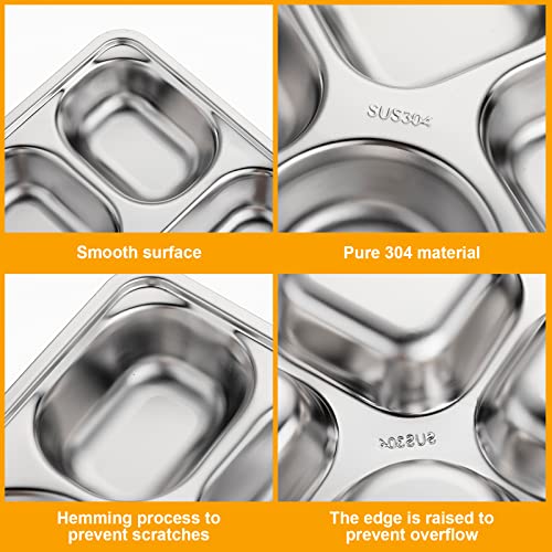 Foaincore 8 Pack 304 Stainless Steel Divided Plates Rectangular Portion Control Plates with Compartments Unbreakable Metal Food Tray for Lunch, Dinner, Camping, Heavy Gauge (5 Compartment) - style: 5 Compartment