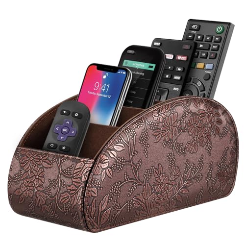 SITHON Remote Control Holder with 5 Compartments – [Upgrade Version] PU Leather Remote Caddy Desktop Organizer Store TV, DVD, Blu-Ray, Media Player, Smart Phones, Heater Controllers, Antique, Large - color: Antique, size: Large