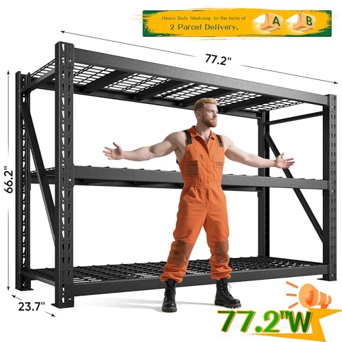 Bepatio 77" W Garage Shelving Storage Shelves, 3 Tier Metal Shelving Unit Heavy Duty for Storage, Adjustable Black Shelves for Commercial, Industrials, Garage, Basement, 6600lbs,77.2" W*23.7" D*66.2”H - size: 77.2"W x 23.7"D x 66.2"H, 3-Tier