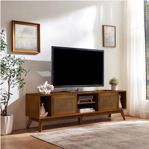 LKTART 68 Inch Mid Century Modern TV Stand with Rattan Doors,MCM Entertainment Center Media Console for 60/65/70/75 inch TVs,Long Boho Television Stand for Living Room,Light Walnut - color: 68" Light Walnut