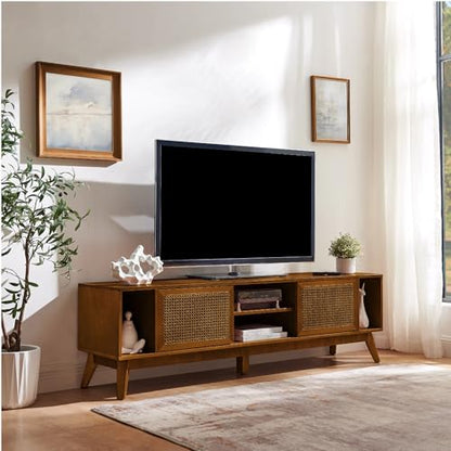 LKTART 68 Inch Mid Century Modern TV Stand with Rattan Doors,MCM Entertainment Center Media Console for 60/65/70/75 inch TVs,Long Boho Television Stand for Living Room,Light Walnut - color: 68" Light Walnut
