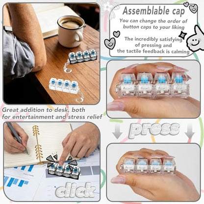 2 Pcs 4 in 1 Keyboard Fidget Toy Keychain, Clicky Button Toy Stress Relief Keychain with Swappable Keycaps, Mini Mechanical Key Fidget for Office Desk Focus Gifts (Clear Black) - color: Clear Black