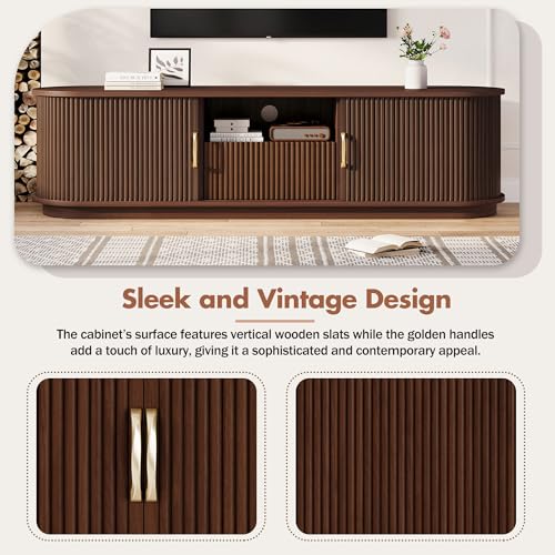 Walnut Rustic TV Stand with Sliding Wood Doors - 75" TV Media Console