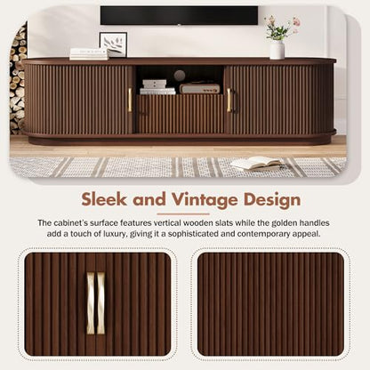 Walnut Rustic TV Stand with Sliding Wood Doors - 75" TV Media Console