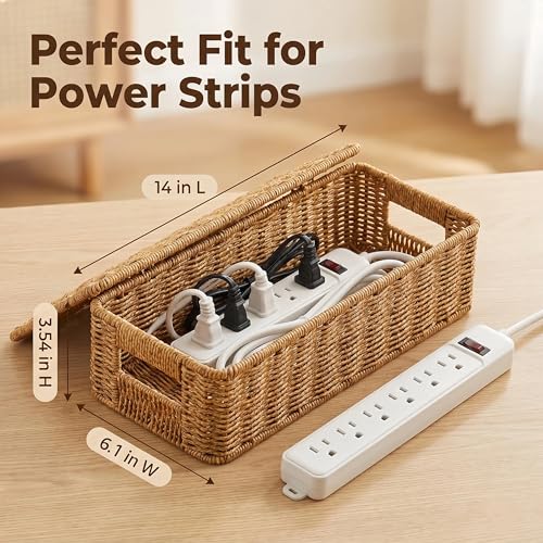 Cable Management Box,Handmade Rattan Cable Organizer, Open Slots Cords Hider Box Cord Basket Under Desk Cord Organizer for Computer Router USB Hub & Power Strip(Large Size 14")