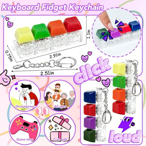 2 PCS 4-in-1 Keyboard Fidget Toy Keychain, Finger Clicky Button Toy Stress Relief Keychain with Swappable Keycaps, Mini Mechanical Key Fidget for Office Desk Focus Gifts (Bright) - color: Bright
