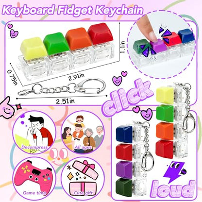 2 PCS 4-in-1 Keyboard Fidget Toy Keychain, Finger Clicky Button Toy Stress Relief Keychain with Swappable Keycaps, Mini Mechanical Key Fidget for Office Desk Focus Gifts (Bright) - color: Bright