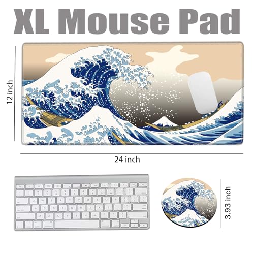 Gaming Mouse Pad Japanese Sea Wave Mousepad 24x12 Desk Pad XL Ocean Desk Mat Long Extended Computer Mat Non Slip Base Big Mouse Mat for Wireless Mouse Laptop Office - color: Sea Wave, size: 24''X12''
