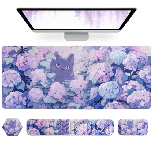 Petmolico Wrist Rest Set with Computer Keyboard Desk Pad,Mouse Wrist Rest,Keyboard Typing Wrist Pad and Cup Coasters,Ergonomic Design for Typing Pain Relief[Blue Flower&Cat] - color: Blue