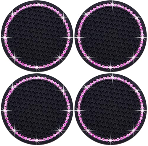 4PCS Bling Cup Holder Coaster, 2.75 Inch Auto Car Cup Holder Insert Coasters, Soft Silicone Anti-Slip Shockproof, Universal Vehicle Interior Accessories for Women Girls (Black & Pink) - color: Black & Pink, size: 4 pcs
