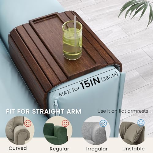 2 Pack Sofa Arm Tray, Bamboo Folding Couch Armrest Tray with Anti-Slip Pad For Drinks, Snacks, Phone, Remote Control (Brown) - color: Brown