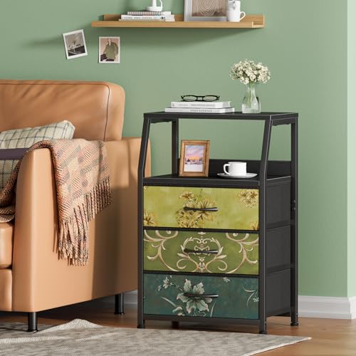 Furnulem Retro Night Stand with 3 Drawers and 2-Tier Shelf, Small Nightstand Side Table, Vintage Storage Dresser for Bedroom, Fabric Drawer Organizer for Closet, Beside Furniture - color: Vintage Floral, style: 3 Drawers