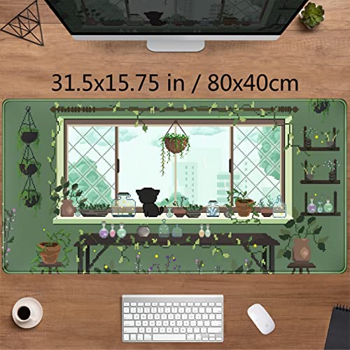 Cute Kawaii Green Plant Desk Mat Anime Aesthetic Mousepad Pixel Art XXL Large Gaming Mouse Pad Laptop Keyboard Mat Desk Pad 31.5x15.75 in, Office Home Decor for Women Girl - color: Green Pixel Plant