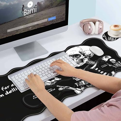 Bxgolkgd Desk Mat Set,Mouse Pad with Keyboard Wrist Rest & Mouse Wrist Rest,Wave-Shaped Design,Non-Slip Rubber Base,Ergonomic Desk Mat for Home,Office,Gaming,Skull Skeleton Black Background - color: Skull Skeleton Black Background