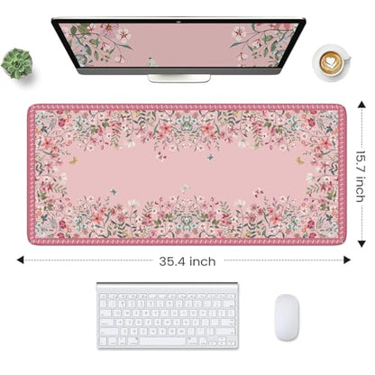 HAOCOO Rose Desk Pad Mat Floral, Cute Desk Matt for Desktop, Non-Slip Large Mouse Pad with Edge Stitching, Waterproof Keyboard Mat for Gaming, Office, Women Office Aesthetics - color: Dark Pink