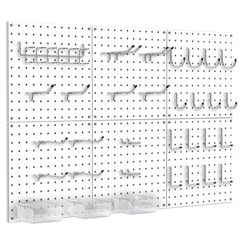 Peg Board, 70PCS Heavy Duty Metal Pegboard with Hooks, 6 Pack White Peg Board Panels, 50lbs Load Capacity Each, Pegboard Wall Organizer for Garage, Workshop, Craft Rooms Total 24” x 36” - color: White, size: 12“×12”-6PCS（with Hooks）