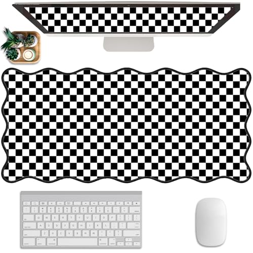Scalloped Desk Mat Black and White Extended Large Mouse Pad Cute Desk Pad XXL Aesthetic Plaid Mousepad Checkered Gaming Mouse Pad for Keyboard Computer Laptop Office Accessories Girl 35.4X15.7Inch - color: Black, size: 35.4" x 15.7"
