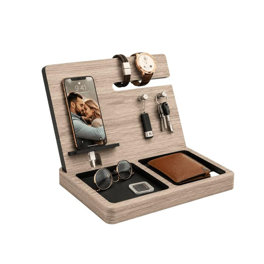 Namore Nightstand Organizer for Men – Wood Phone Docking Station & Bedside Valet Tray Organizer for Wallet, Watch & Keys – Unique Gifts for Men, Husband, Dad - color: Santana