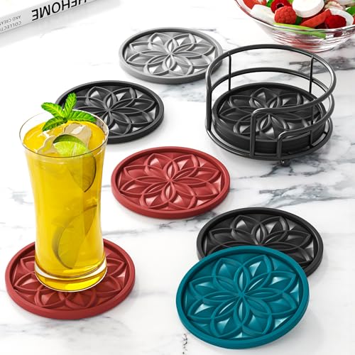 Drink Coasters Set of 6 Packs with Holder, HFHOME Round Black BPA Free Silicone with Non-Slip Bottom Fits Any Size Cup Mug or Glasses (Black) - color: Black