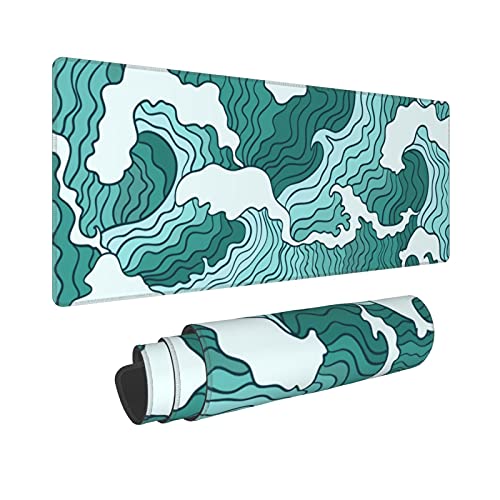 Japanese Green and White Wave Gaming Mouse Pad XL, Non Slip Rubber Base Mousepad, Stitched Edges Desk Pad, Extended Large Mice Pad,31.5 X 11.8 Inch - color: Japanese Green and White Wave