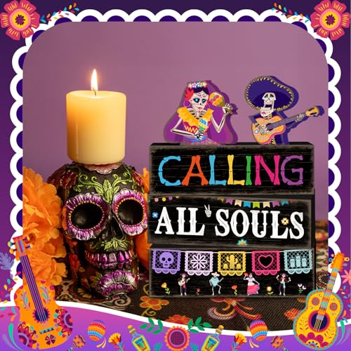 Britimes 4 Pcs Day of the Dead Skull Table Decor Halloween Tiered Tray Decorations Set Skull with Guitar and Maracas Block Signs Gift Rustic Farmhouse Tabletop Decor for Table & Home Office - style: Day of the Dead Duo