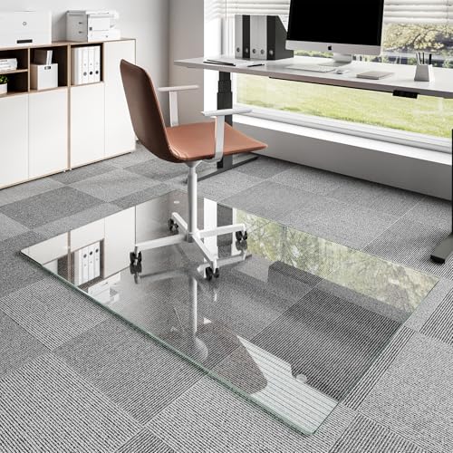 Koonmi Glass Chair Mat for Carpet, 36"x55" Office Chair Mat, Tempered Glass Chair Mat with Rounded and Polished Edges, Non-Slip Pads, Glass Floor Mat for Hardwood Floor, Carpet - color: Transparent, size: 36"x55"