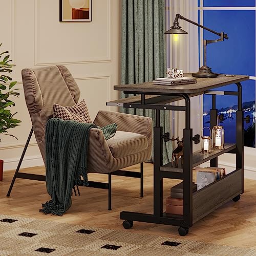 Tribesigns Portable Desk with Power Outlets, Height Adjustable Side Table Sofa Couch Bedside Laptop Computer Cart with USB Charging Ports, Mobile Small Standing Desk with Keyboard Tray - color: Grey