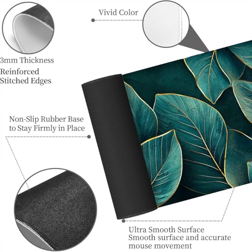 Leaf Desk Mat Teal Gold Tropical Botanical Abstract Luxury Mousepad XL Large Gaming Mouse Pad Laptop Keyboard Mat Desk Pad Ideal for Office, Home, or Remote Work 31.5x11.8 Inch - color: Leaf