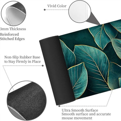 Leaf Desk Mat Teal Gold Tropical Botanical Abstract Luxury Mousepad XL Large Gaming Mouse Pad Laptop Keyboard Mat Desk Pad Ideal for Office, Home, or Remote Work 31.5x11.8 Inch - color: Leaf