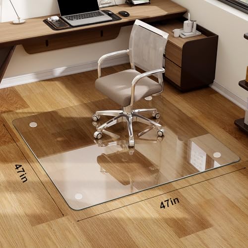 47x47 Inch Tempered Glass Chair Mat for Carpet & Hard Floors, Heavy Duty Office Chair Mat with Round Corners & Smooth Edges for Hardwood Floor and Carpets, Clear Desk Mat for Home Office - color: Transparent, size: 47"L x 47"W