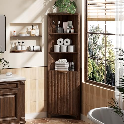 VINGLI Tall Corner Cabinet with Fluted Doors, 68" Walnut Corner Storage Cabinet with Adjustable Shelves, Freestanding Wood Corner Bookshelf for Bathroom, Living Room & Kitchen, Space-Saving - color: Dark Walnut, size: 68"H Corner Cabinet